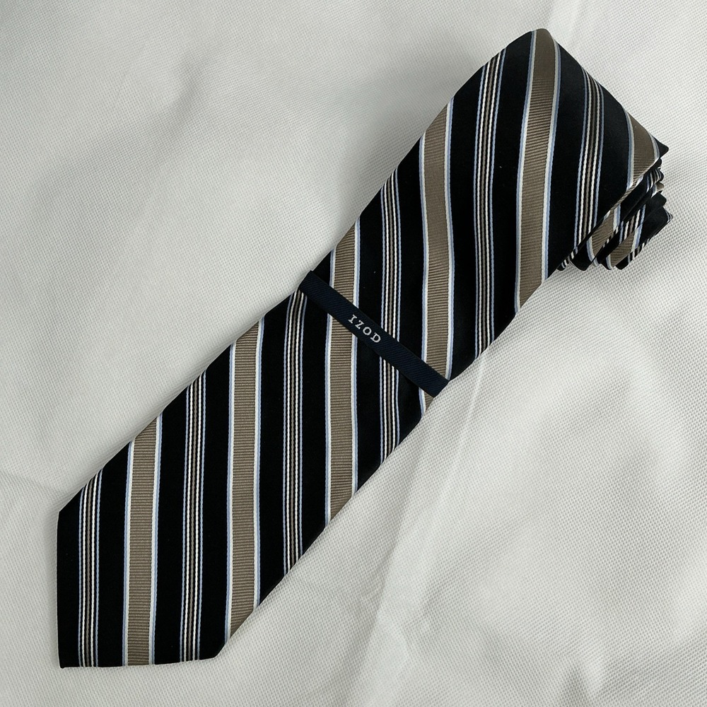 NWT IZOD Men's Tie 100% Silk Classic Designer Black Gold Stripe 4" Wide 58" Long